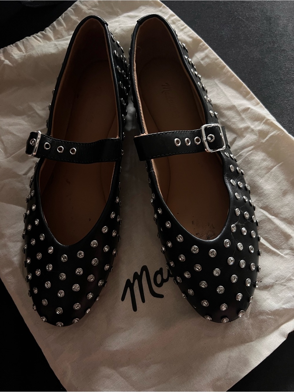 Madewell The Remy Mary Jane Flat Crystal Embellished Leather Black Size 8